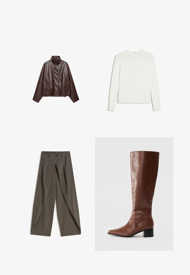Veste en cuir courte marron foncé avec col montant, manches longues, poches avant et fermeture éclair dissimulée à l'avant.; T-shirt blanc uni à manches longues avec col rond et coupe ajustée, posé à plat sur un fond blanc.; Pantalons à jambes larges en tissu texturé gris foncé. Présente un pli avant, une fermeture par bouton et des poches latérales pour plus de praticité.; Botte haute en cuir marron jusqu'au genou avec un bout pointu, une texture lisse et un talon carré épais. Design décontracté sans ferrure visible.
