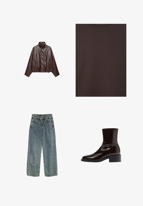 Mørkebrun kort læderjakke med høj krave, lange ærmer, forlommer og skjult frontlynlås.; Mørkebrun t-shirt med rund hals lavet af blødt strikket stof med fin ribstruktur.; Lys blå denim bukser med vide ben, fem-lomme design, bæltestropper og kontraststing. Stoffet ser let afbleget ud.; Mørkebrun læderankelstøvle med firkantet tå, lav blokhæle og stikning langs øverste kant, vist i sideprofil.