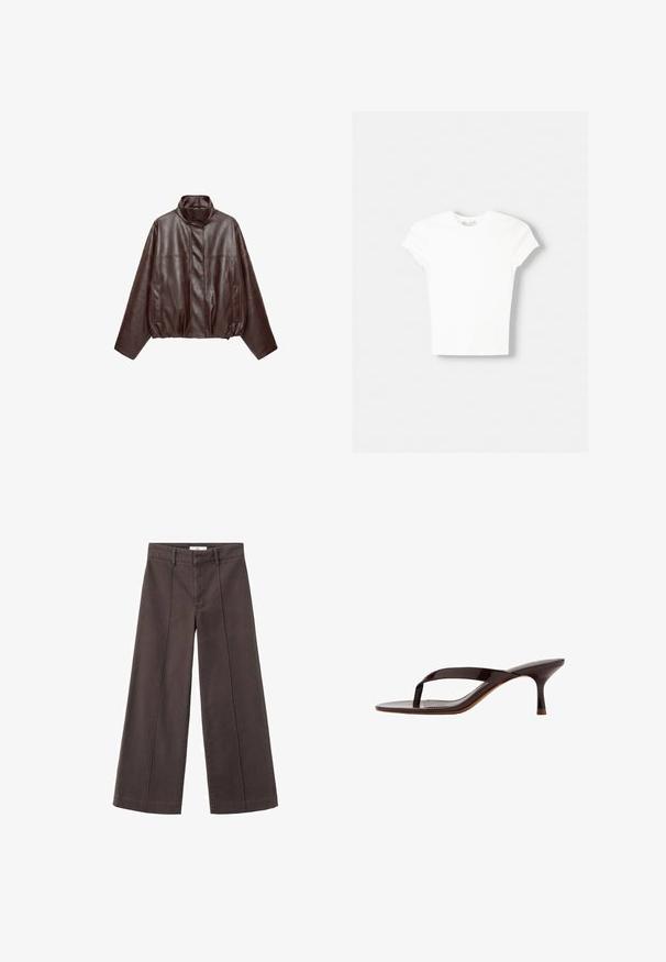 Veste en cuir courte marron foncé avec col montant, manches longues, poches avant et fermeture éclair dissimulée à l'avant.; T-shirt blanc à manches courtes en coton doux, avec un col rond et une coupe ajustée. Pas de motifs ni d'ornements visibles.; Pantalon à jambes larges en tissu de coton brun foncé, avec une taille haute, des plis à l'avant, et une finition nette aux ourlets.; Sandale à talon en cuir verni noir avec bride entre les orteils et un talon petit kitten élancé de hauteur moyenne, vue de côté sur fond blanc.