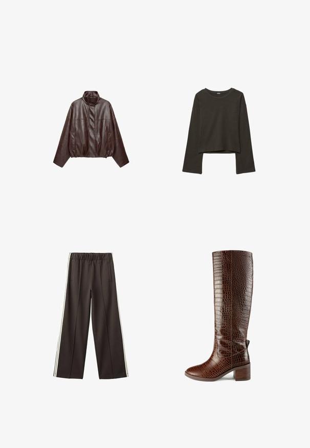 Veste en cuir courte marron foncé avec col montant, manches longues, poches avant et fermeture éclair dissimulée à l'avant.; Chemise verte foncée courte à manches longues en tissu doux avec un col arrondi et des manches larges ; sans motifs ni ornements.; Pantalon noir à jambes larges avec taille élastique, poches latérales et bandes blanches sur les côtés. Tissu lisse avec une coupe ajustée.; L37 SIMPLE LIFE - Bottes - brown