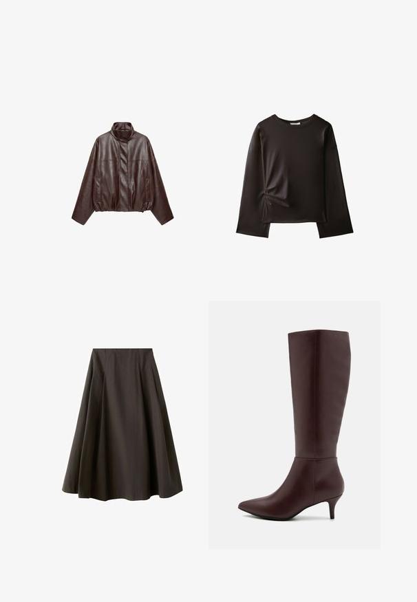 Veste en cuir courte marron foncé avec col montant, manches longues, poches avant et fermeture éclair dissimulée à l'avant.; Chemise noire à manches longues avec un col rond et un petit détail froncé sur le côté gauche près de la taille.; Jupe noire trapèze à taille haute avec ourlet évasé, fabriquée en tissu lisse, présentée sur fond blanc.; Anna Field by Zalando Bottes - dark purple