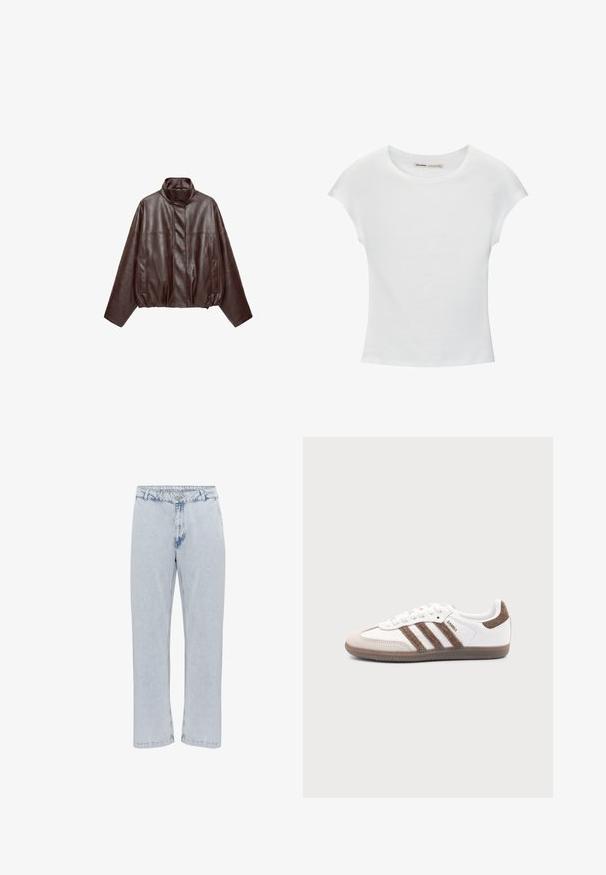 Donkerbruine korte leren jas met hoge kraag, lange mouwen, voorzakken en verborgen rits aan de voorkant.; Witte katoenen T-shirt met korte, opgerolde mouwen, een ronde halslijn en een rechte zoom. Gladde textuur zonder zichtbare patronen of accenten.; Lichtblauwe denim jeans met een recht gesneden ontwerp, voorzien van een conventionele knoop- en ritsopening, en een licht versleten textuur.; Witte Adidas Samba sneaker met bruine suède strepen, bruine rubberen zool en beige suède neuskap, getoond vanaf de buitenkant op een effen achtergrond.