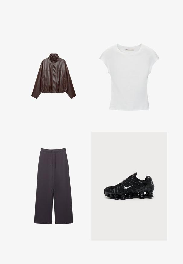 Veste en cuir courte marron foncé avec col montant, manches longues, poches avant et fermeture éclair dissimulée à l'avant.; T-shirt en coton blanc avec manches courtes retroussées, encolure ronde et ourlet droit. Texture lisse sans motifs ni accents visibles.; Pantalons larges gris foncé avec taille élastique et cordon de serrage, fabriqués dans un tissu doux, présentés sur un fond blanc.; Chaussure de sport Nike noire avec logo Swoosh argenté, tige en mesh et synthétique, et semelle coussinée segmentée distinctive.