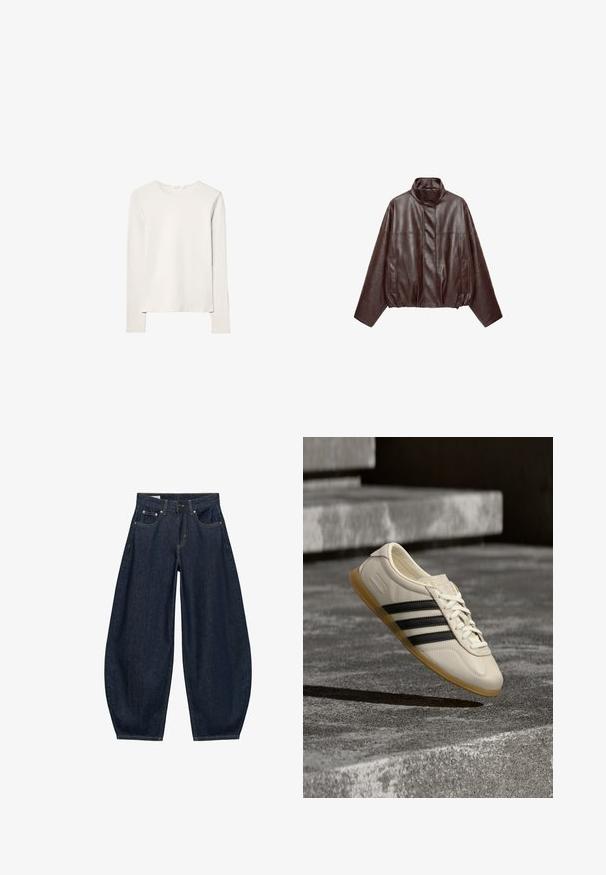 Veste en cuir courte marron foncé avec col montant, manches longues, poches avant et fermeture éclair dissimulée à l'avant.; T-shirt à manches longues en coton beige clair. Col rond avec ourlet droit, coutures minimales et texture lisse. Design simple sans motifs ni embellissements.; Jean en denim bleu foncé à jambes larges avec poches avant, passants de ceinture et fermeture par bouton à la taille.; Baskets blanches avec des bandes noires et une semelle en gomme flottant au-dessus d’escaliers en béton dans une lumière douce du jour.
