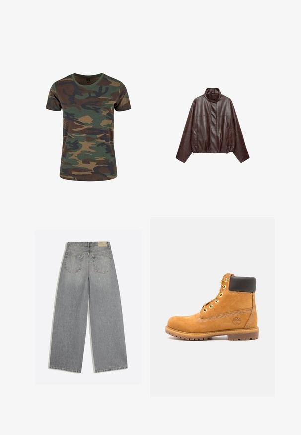 Donkerbruine korte leren jas met hoge kraag, lange mouwen, voorzakken en verborgen rits aan de voorkant.; Camouflage T-shirt in groen, bruin en zwart. Korte mouwen, ronde hals, zachte textuur en een klassieke pasvorm met een patroon van organische vormen.; Grijze wijde denim jeans met achterkant met twee zakken en riemlussen plat op een witte achtergrond gelegd.; Bruine leren enkelboot met zwarte voering, gouden oogjes en een gestructureerde zool. Kenmerkt zich door een cirkelvormig logo aan de zijkant en stikselaccenten.