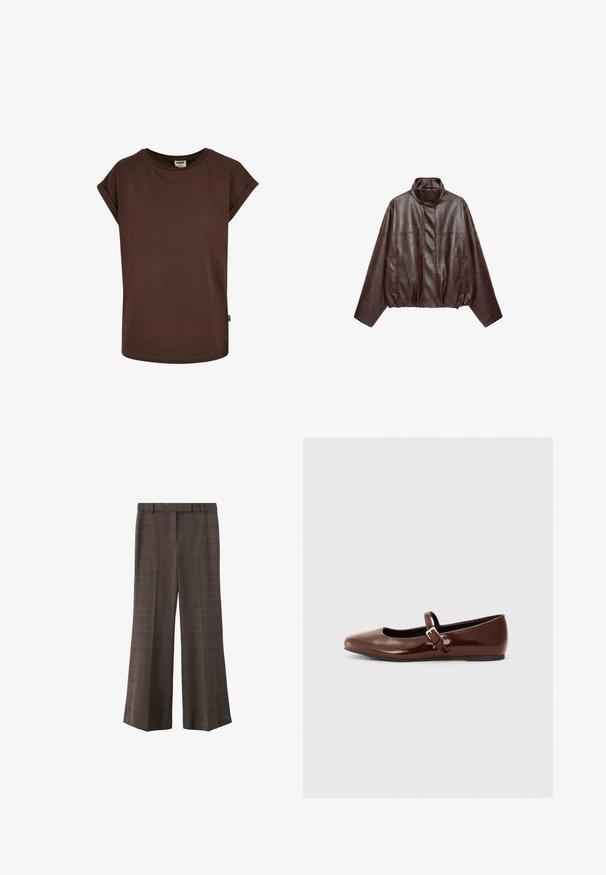 Veste en cuir courte marron foncé avec col montant, manches longues, poches avant et fermeture éclair dissimulée à l'avant.; T-shirt en coton marron avec des manches courtes roulées, un col rond et une coupe ample. Présente une petite étiquette sur la couture latérale.; Pantalons larges marron avec un léger motif à carreaux, passants de ceinture et pli à l'avant, présentés sur un fond blanc.; Ballerine en cuir verni marron avec un bout carré et une lanière ornée d'une petite boucle dorée. Texture lisse, talon bas et design minimaliste.