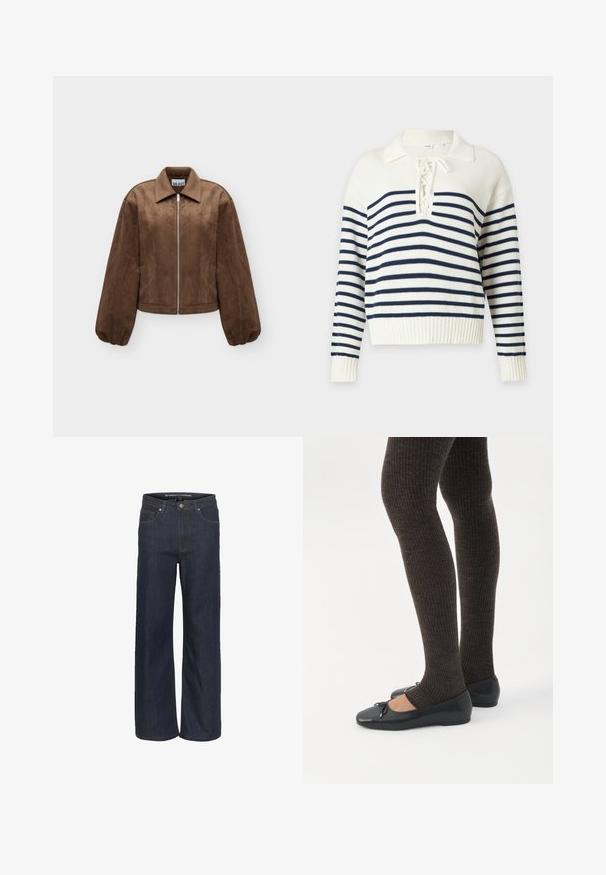 Brun ruskindjakke med lange puffede ærmer, spids krave og sølv lynlås foran på en ensfarvet lys baggrund.; Hvid strikket sweater med marineblå vandrette striber, lange ærmer, ribbet kant og en snørelukning med en foldet krave.; Mørk denim brede bukser med høj talje, som har fem lommer, kontrastsyning og en rå kant nederst.; Ben iført mørke ribbede leggings kombineret med sorte balletsko med små sløjfedetaljer på hvid baggrund.
