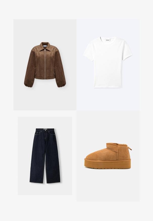 Brun ruskindjakke med lange puffede ærmer, spids krave og sølv lynlås foran på en ensfarvet lys baggrund.; Ensfarvet hvid t-shirt med korte ærmer og rund halsudskæring med en lille "WEEKDAY" label indeni halskanten, vist fladt på en lys baggrund.; Mørkeblå denim wide-leg jeans med høj talje, fem lommer, kontraststing og sølvfarvet metalbeslag. Glat overflade og pæn finish.; Brune suede ankelstøvler med en rund tå, lav skæring, og en tekstureret gummisål med en lille platform og et hængsel.