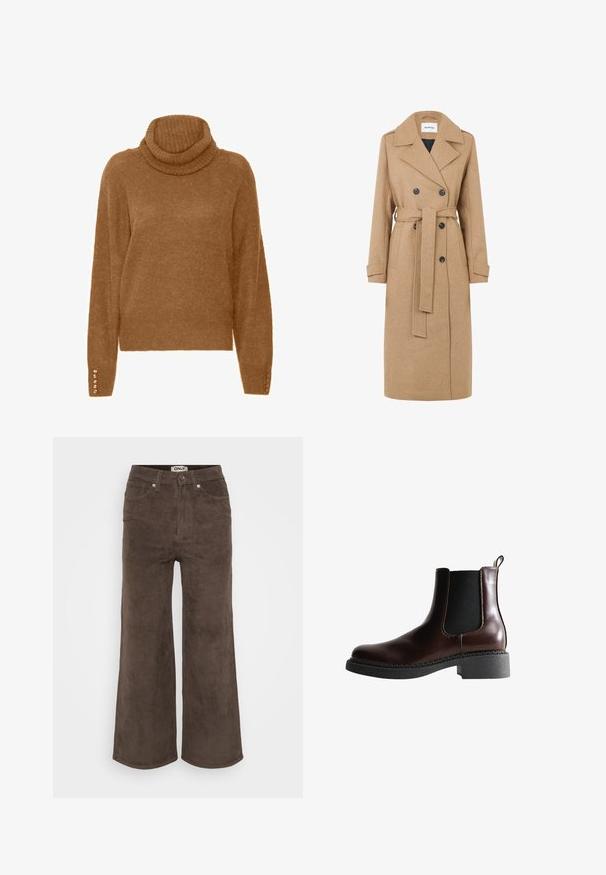 Kamelfarvet uldfrakke med dobbeltbrystet design, store klaplommer og bælte. Har to forlommer og mørke knapper.; Brun turtleneck trøje med en blød, struktureret overflade og lange ærmer. Har perle-lignende detaljer på manchetterne.; Brune bredbenede bukser i kordfløjl med ribbet tekstur, fem lommer og frontlukning med knap. Har et mærke i taljen.; Brune læder ankelstøvle med elastiske sidepaneler, rund tå og en struktureret sort gummisål. Har kontrasterende syninger og en trækflap.