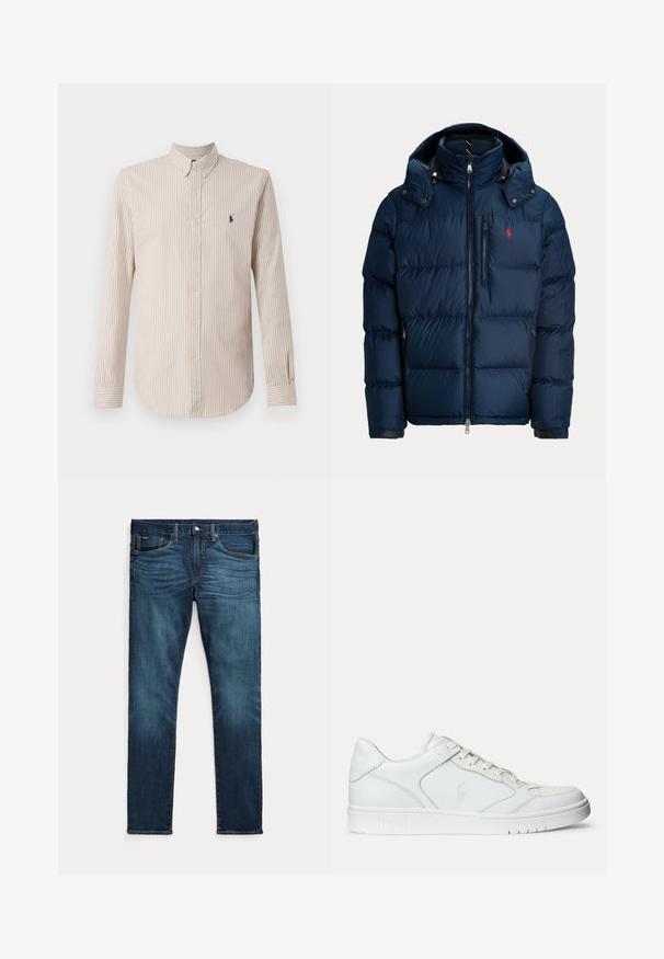 Chaqueta acolchada azul marino con capucha desmontable, cremallera frontal, bolsillo con cremallera en el pecho, dos bolsillos laterales y pequeño logotipo rojo bordado en el pecho.; Camisa de manga larga a rayas en crema y marrón claro, con cuello abotonado y un pequeño logotipo en navy en el pecho.; Vaqueros azul oscuro de corte ajustado con botón y cremallera delanteros, cinco bolsillos y un sutil efecto desgastado en la parte frontal de los muslos y las rodillas.; Zapatilla de cuero blanca con textura suave, que presenta una puntera perforada, cierre de cordones y logo bordado en el lateral. Suela de goma blanca.