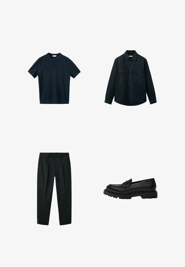 Chemise noire à manches longues avec boutons sur le devant, dotée de deux poches poitrine, chacune fermée par un rabat à bouton, et d'un col classique.; Pull en maille bleu marine foncé à manches courtes avec col rond, présenté sur un fond blanc uni.; Pantalons noirs ajustés avec une fermeture à bouton et à glissière, des poches latérales, des passants de ceinture et des plis à l'avant.; Mocassin en cuir noir avec une semelle robuste et texturée. Présente un bord décoratif en couture et un petit talon pour un design contemporain.