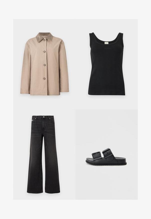 Beige bomuldsjakke med en fløjlsagtig krave, knaplukning foran og to sidelommer; har en afslappet pasform og lange ærmer.; Sort ribbet ærmeløs tanktop med rund halsudskæring og "Calvin Klein"-logo på brystet, vist på en ensfarvet hvid baggrund.; Sorte denim-jeans med vidde ben, lukkes foran med knap og lynlås, bæltestropper og fem-lomme-design.; Sorte klipklappere lavet af tekstureret materiale med to justerbare remme med spænder. Flad sål med et mønstrede dæk for godt greb.