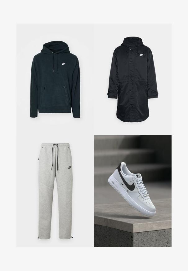 Schwarze Nylon-Parka mit Kapuze, ausgestattet mit einem Frontreißverschluss und Druckknöpfen, seitlichen Taschen und einem weißen Logo auf der Brust. Glatte Textur.; Schwarzer Fleece-Hoodie mit einer vorderen Kängurutasche und zwei seitlichen Reißverschlusstaschen. Enthält eine Kapuze mit Kordelzug und ein weißes Nike-Logo.; Graue Nike Sweatpants mit einem Kordelzugbund, Seitentaschen und elastischen Bündchen. Sie haben eine glatte Textur und ein kontrastierendes schwarzes Logodetail.; Weißer Nike Air Force 1 Sneaker mit schwarzem Swoosh-Logo, der über einer Betonvorsprung mit unscharfen Treppen im Hintergrund schwebt.