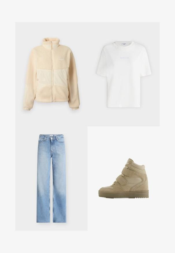 Beige Fleecejacke mit Reißverschluss, Stehkragen, zwei vorderen Reißverschlusstaschen, elastischen Bündchen und kleinem Logo auf der linken Brust.; Weißes T-Shirt mit kurzen Ärmeln und Rundhalsausschnitt mit kleinem hellblauen Schriftzug „Marc O'Polo Denim“ in der Mitte der Brust.; Hellblaue Jeans mit geradem Bein, Fünf-Taschen-Design und klassischem Knopfverschluss in der Taille. Glatte Denim-Textur.; Beige High-Top-Sneaker mit einem Design aus Wildleder und Mesh, verstellbaren Klettverschlüssen und einer dicken Gummisohle mit einem Zickzack-Muster.