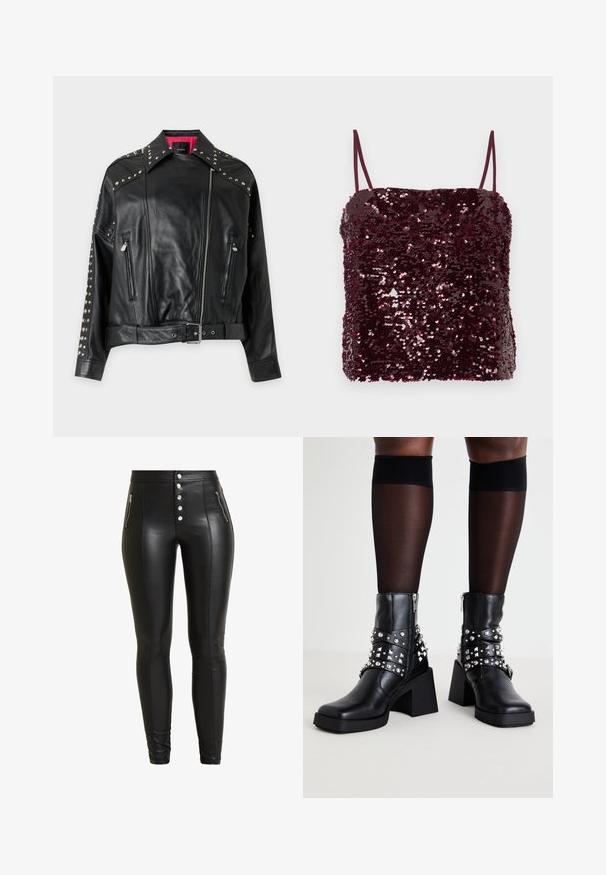 Veste de motard en cuir noir avec des clous argentés sur le col et les manches, fermeture éclair asymétrique à l’avant, deux poches zippées et une ceinture à la taille.; Haut bordeaux à sequins avec fines bretelles spaghetti ; forme rectangulaire avec une coupe légèrement ample ; texture brillante grâce à des centaines de petits sequins.; Pantalons noirs en cuir synthétique taille haute avec fermeture à cinq boutons, deux poches zippées et une coupe ajustée, présentant des détails de couture à l'avant.; Bottes noires à la cheville avec un talon épais, ornées de clous argentés et de sangles, en cuir avec une texture lisse et une fermeture éclair.
