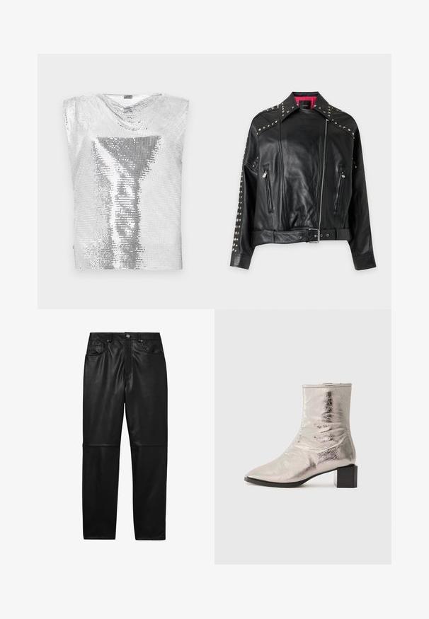 Chaqueta de motorista de cuero negro con tachuelas plateadas en el cuello y las mangas, cremallera asimétrica frontal, dos bolsillos con cremallera y un cinturón en la cintura.; Rabanne Top - silver-coloured; Reiss VERONA REGULAR FIT - Pantalón de cuero - black; Bota de tobillo plateada metálica con puntera puntiaguda y tacón cuadrado. Textura suave, diseño elegante y detalle de costura minimalista.