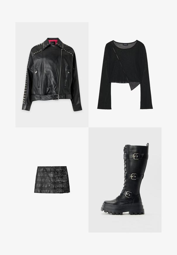 Sort læder bikerjakke med sølvnitter på kraven og ærmerne, asymmetrisk frontlynlås, to lynlåslommer og et bælte ved taljen.; Sort langærmet cropped top i et let, gennemsigtigt stof. Har en rund halsudskæring og en asymmetrisk kant med en let tekstur.; Sort lædernederdel i miniformat med fem horisontale spænder på højre side, fladt lagt på hvid baggrund.; Høj sort læder militærstøvle med kraftig sål, tre justerbare spænder og snørebånd foran på en ensfarvet baggrund.