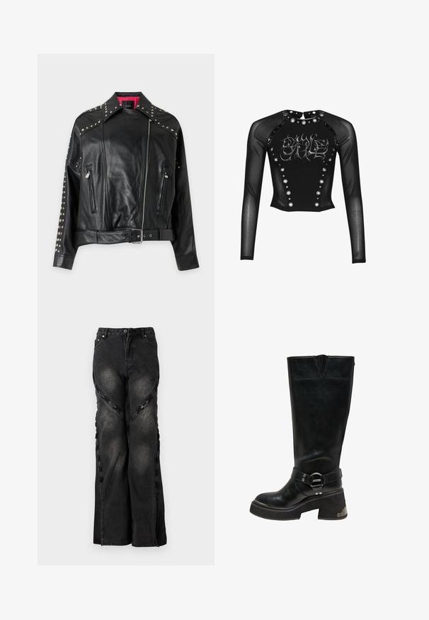 Veste de motard en cuir noir avec des clous argentés sur le col et les manches, fermeture éclair asymétrique à l’avant, deux poches zippées et une ceinture à la taille.; Haut en mesh noir à manches longues avec œillets métalliques sur le panneau avant et le col, avec des lettres argentées de style gothique sur la poitrine.; Jean en denim noir avec une coupe large, présentant des accents en chaîne le long des coutures latérales et une fermeture à bouton et à zip à la taille.; Botte en cuir noire montante jusqu'au genou avec talon bloc épais, détail d'anneau argenté sur la sangle de cheville et accent métallique sur le côté du talon.