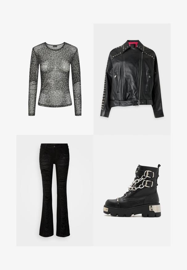 Chaqueta de motorista de cuero negro con tachuelas plateadas en el cuello y las mangas, cremallera asimétrica frontal, dos bolsillos con cremallera y un cinturón en la cintura.; Blusa de manga larga translúcida en malla gris con un estampado de leopardo. Cuello redondo y corte ajustado. Textura suave y material ligero.; Jeans de mezclilla negra acampanados con acentos desgastados en la parte frontal, parches texturizados y un diseño clásico de cinco bolsillos con cierre de botón.; Koi Footwear SHACKLED SHADOWS HEAVY DUTY CHAIN - Botines camperos - black