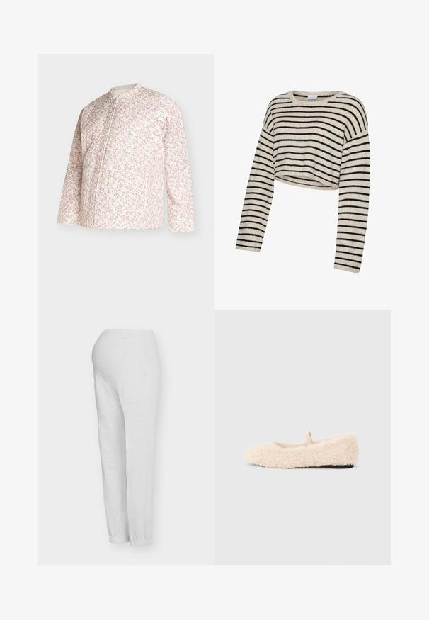Langærmet jakke i cremefarvet stof med et pink blomsterprint, med stående krave, forlomme og kantdetaljer.; Beige kort striktrøje med sorte vandrette striber, lange ærmer og rund halsudskæring.; Lysegrå graviditetbukser lavet af blødt stof. Har elastisk talje, sidelommer og afsmalnende manchetter ved anklerne.; Luftig, cremefarvet hjemmesko med en blød tekstur, rund tå, minimalistisk design og en lille stofsløjfe på bagsiden for nem påtagning.