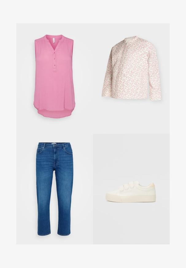 Langærmet jakke i cremefarvet stof med et pink blomsterprint, med stående krave, forlomme og kantdetaljer.; Ermeløs lyserød blouse med v-hals og femknaps lukning. Blødt stof med en let tekstureret overflade og en afrundet kant.; Blå denim jeans med ret ben-designer, fem-lomme stil og en klassisk knap- og lynlås lukning, med subtile slidmærker på fronten.; Hvide sneakers med en glat læderlignende overdel, tre velcrostropper, rund tå og en tekstureret gummisål. Bagakcent i beige.