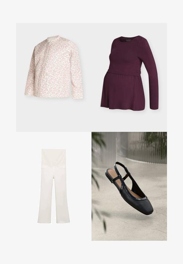 Langærmet jakke i cremefarvet stof med et pink blomsterprint, med stående krave, forlomme og kantdetaljer.; Langærmet graviditetstop i dyb lilla med en tætsiddende buste og en rynket empire-talje for komfort og stil.; Hvide brede jeans set bagfra, med en glat tekstur, to baglommer og subtile syninger langs sømmene.; Sorte læder slingback flade sko med firkantet tå, prydet med en blank patenteret kant og justerbare remme for en sikker pasform.
