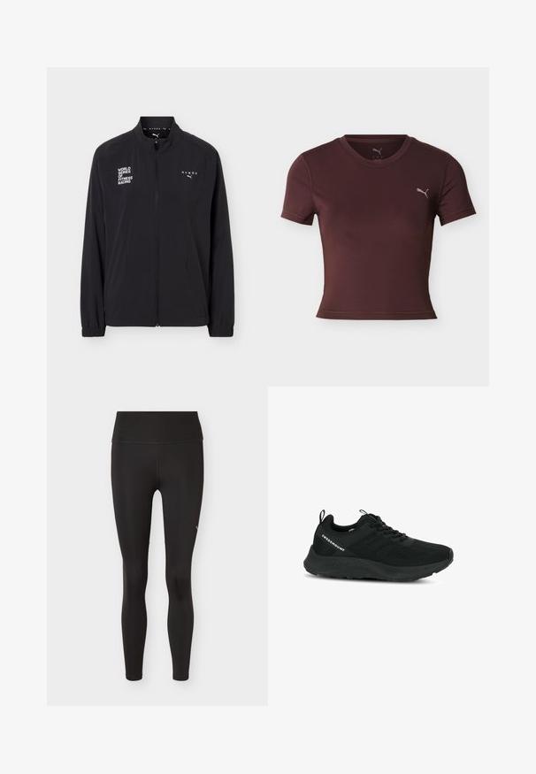 Sort sportjakke med fuld lynlås, høj krave, elastiske manchetter og hvide tekstlogoer med teksten "WORLD SERIES OF FITNESS RACING" og "HYROX" med Puma-logo.; Kortærmet, tætsiddende sportsskjorte i burgunderrød med rund halsudskæring og lille Puma-logo på venstre bryst mod en hvid baggrund.; Sorte leggings med høj talje og fuld længde i glat stof med minimal syning, vist på en simpel lys baggrund.; Sort sportsko med en struktureret overdel, netpaneler og en polstret sål. Har snørebånd og en løkke ved hælen for nem påtagning.