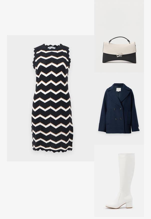 Manteau croisé bleu marine en mélange de laine, doté d'un revers à pointe, de grandes poches frontales et de boutons noirs. Texture lisse avec des accents minimaux.; Robe noire sans manches en tricot avec des rayures en zigzag blanches et beige, bords festonnés, et étiquette DKNY Jeans au niveau du col.; Bottes blanches jusqu'au genou avec une finition lisse et brillante. Talon carré et détails de couture subtils sur le côté.; Sac à main en cuir noir et blanc avec une forme incurvée, poignée supérieure et fermoir décoratif argenté sur le rabat avant.