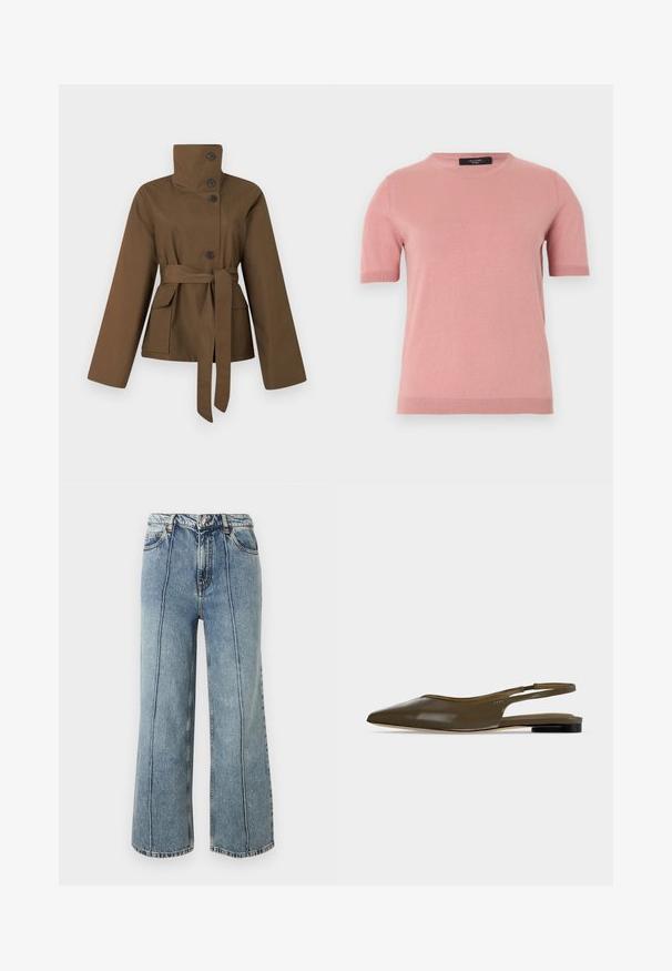 Veste marron à col montant avec manches longues, boutons sur le devant, deux poches à rabat et ceinture nouée à la taille, présentée sur fond blanc.; Pull tricoté rose pâle à manches courtes avec col rond et poignets et ourlet côtelés, présenté sur un fond uni clair.; Jean denim bleu taille haute avec jambes larges, bouton et zip à l'avant, poches latérales et coutures verticales visibles sur chaque jambe.; Chaussure plate à bout pointu vert olive avec bride arrière, talon noir bas et finition lisse et brillante.
