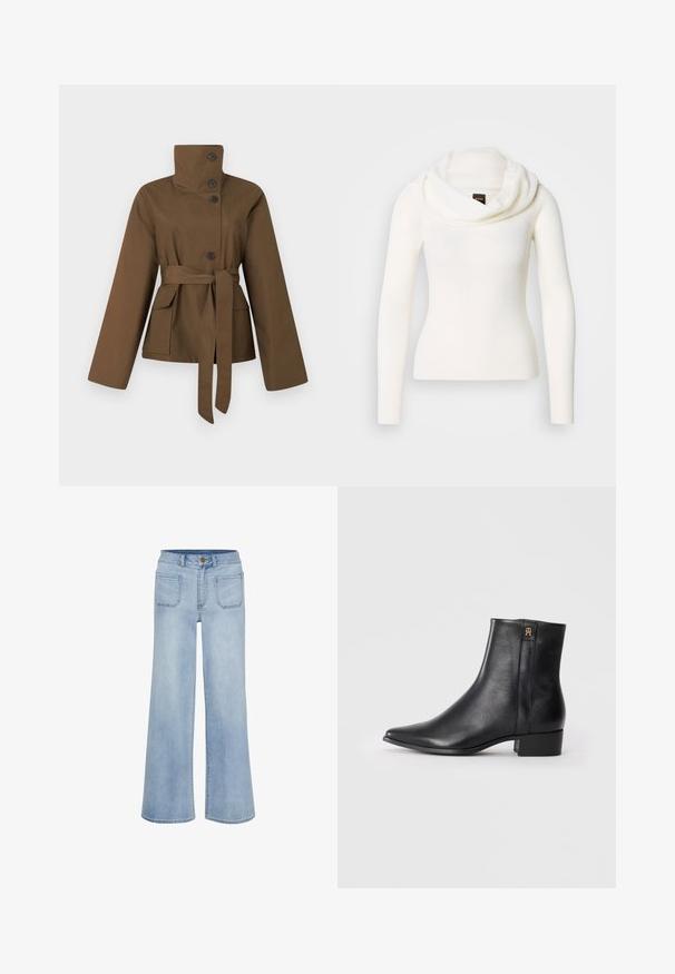 Brun jakke med høj krave, lange ærmer, knapper foran, to lommer med klap og et bælte bundet ved taljen, vist på en hvid baggrund.; Hvid langærmet sweater med en rullekrave. Fremstillet af et blødt, tekstureret stof. Har en figursyet silhuet for et elegant udseende.; Lyseblå vidbukser lavet af denim, med høj talje, fem lommer og en ren afslutning ved kanten.; Sorte læder ankelstøvler med spids tå, glat tekstur, lav blokhæl og et guld accentlogo på siden.