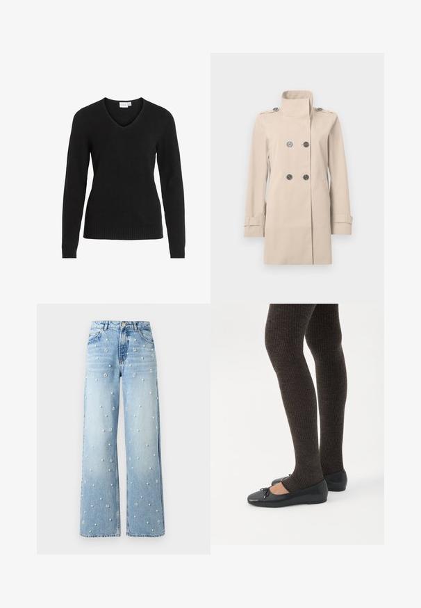 Beige dubbelgeknoopte trenchcoat met hoge kraag, geruite schouderbanden, zijzakken en verstelbare mouwboorden.; Zwarte V-hals trui van zachte stof, met lange mouwen, ribbels aan de zoom en manchetten, in een eenvoudig en klassiek ontwerp.; Lichtblauwe wijde jeans met parel- en bloemvormige kralenversiering verspreid over de stof, voorste knopen en zichtbare zakken.; Benen met donkere geribbelde leggings gecombineerd met zwarte ballerina's met kleine strikdetails op een witte achtergrond.