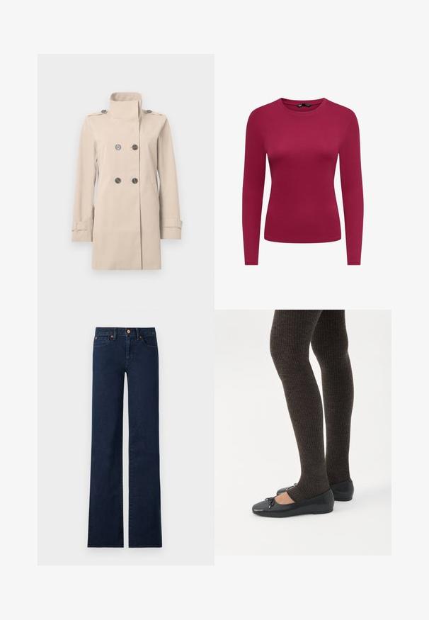 Trench-coat beige croisé avec col montant, épaulettes boutonnées, poches latérales et poignets de manches réglables.; T-shirt à manches longues ajusté avec col rond, de couleur rose foncé uni et au design simple, présenté à plat sur fond blanc.; Jean en denim bleu foncé taille haute, jambes larges et droites, poches avant et détails de rivets en cuivre sur fond blanc.; Jambes portant des leggings côtelés foncés associés à des ballerines noires avec de petits détails en nœud sur fond blanc.