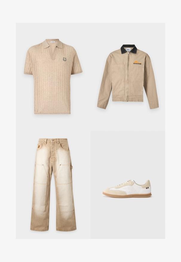 Veste beige zippée avec col noir, deux poches plaquées à l'avant et logo MSGM orange sur la poitrine gauche.; Polo beige en maille côtelée à manches courtes avec col ouvert et petite tête de loup brodée sur la poitrine gauche.; Pantalon de travail beige avec renforts aux genoux, boucle latérale pour outil, bouton et fermeture éclair à l’avant, et plusieurs poches sur fond uni.; Baskets blanches avec accents en daim beige clair, détails perforés, lacets plats et semelle en caoutchouc naturel. Présentent un logo rayé sur le talon.