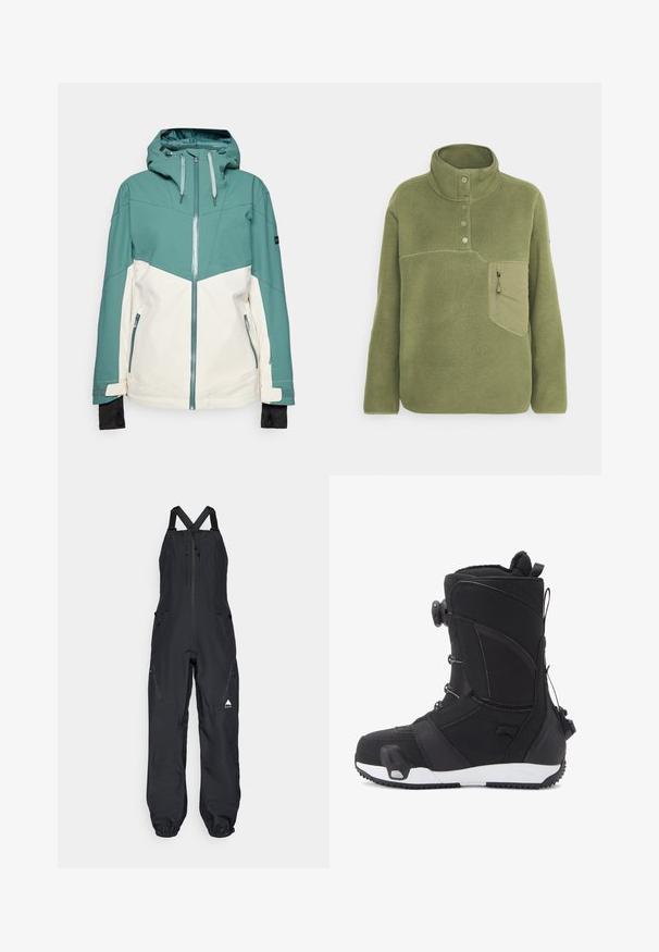 Ski jakke i teal og creme med lynlås foran, justerbar hætte, lynlåsede lommer og elastiske manchetter. Glat tekstur, holdbart stof.; Olivengrøn fleece pullover med høj krave, tre knapper og en lynlåslomme på brystet. Blød tekstur med kontrastsyede detaljer.; Sort vandtæt overall med justerbare skulderstropper, frontlynlås, to sidelommer og elastiske manchetter ved anklerne.; DC Shoes LOTUS STEP ON - Vinterstøvler - black