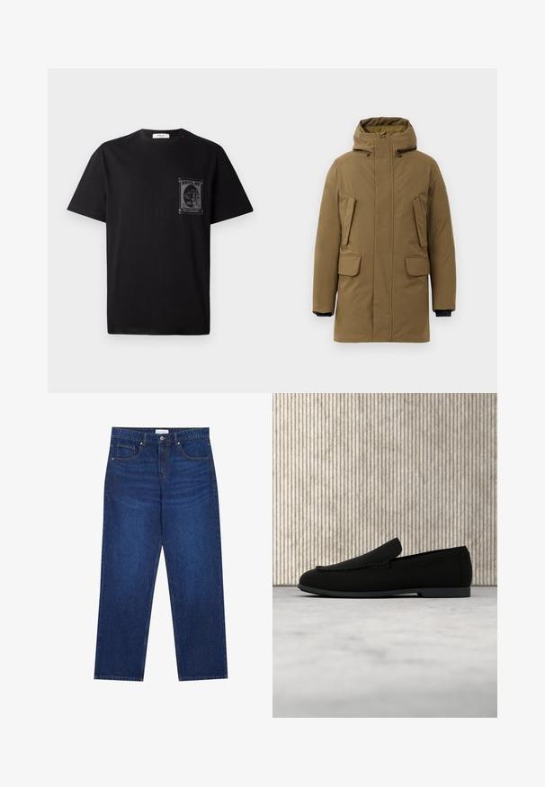 Olijfgroene parka met een capuchon, voorzien van twee grote voorzakken, een ritssluiting en zwarte mouwboorden. Glad textuur, middellange design.; Zwarte katoenen t-shirt met korte mouwen, voorzien van een grafische print op de linkerborst en een kleine rode accent nabij de halslijn.; Donkerblauwe denim jeans met een rechte pijp, voorzien van een knoop- en ritssluiting, vijf zakken en zichtbare stikseldetails.; Zwart instap loafer schoen zwevend boven lichte vloerbedekking met een gebogen amberbruine moderne tafel op de achtergrond.