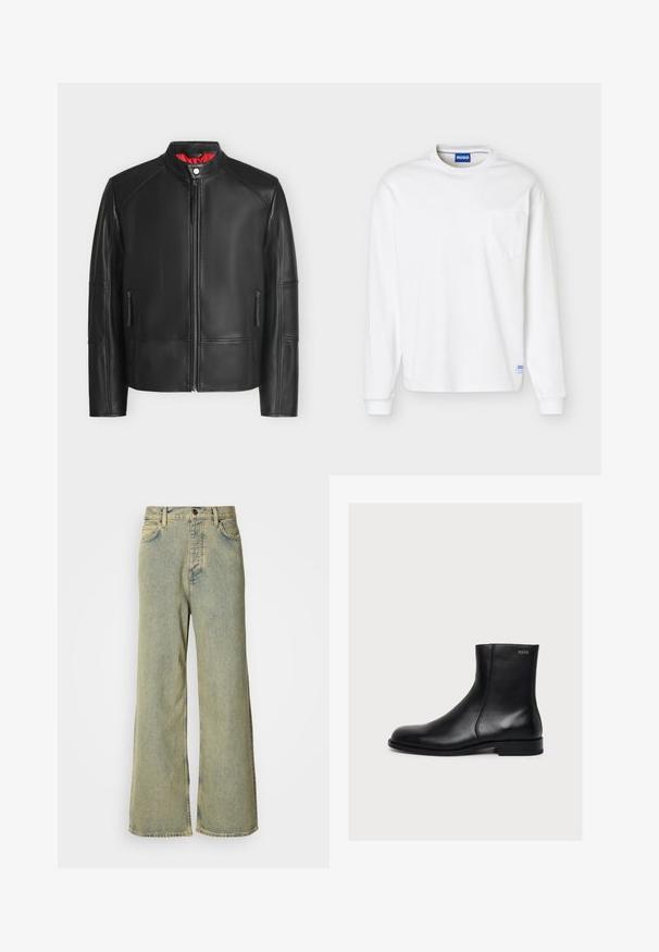 Schwarze Lederjacke mit Frontreißverschluss, Stehkragen mit Druckknopf, seitlichen Reißverschlusstaschen und rotem Innenfutter sichtbar am Kragen.; Weißes Langarmshirt mit Rundhalsausschnitt, Brusttasche und blauem Markenlabel am Kragen sowie Saum.; Weite Jeans aus hellblauem Denim, mit hohem Bund, klassischem Five-Pocket-Design und Knopfverschluss vorne.; Schwarzer, glatter Lederknöchelstiefel mit niedrigem Absatz und seitlichem Reißverschluss, mit Hugo nahe dem oberen Rand beschriftet.
