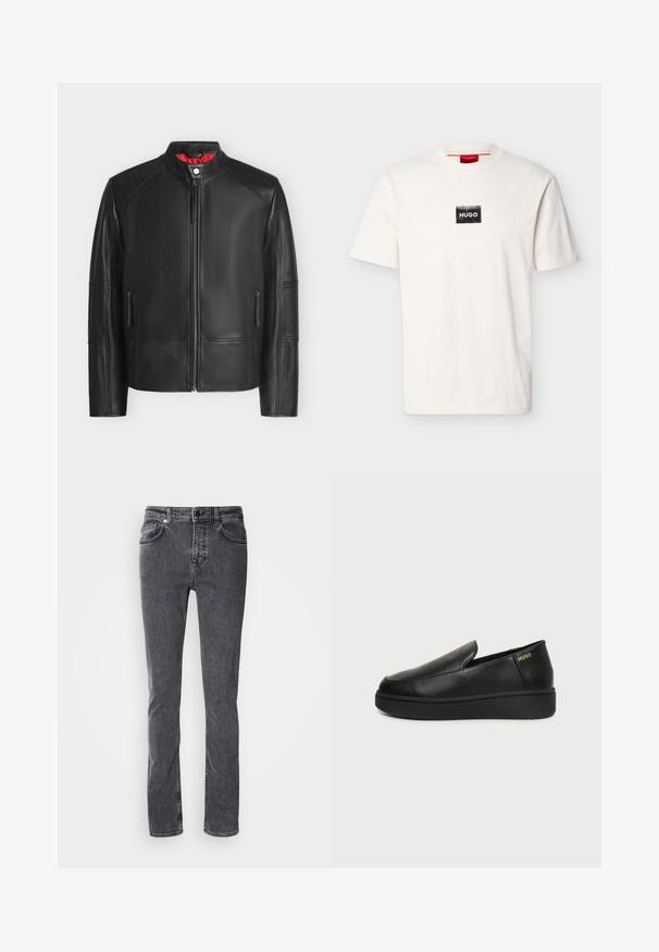 Veste en cuir noire avec fermeture éclair à l’avant, col montant avec bouton-pression, poches latérales zippées et doublure intérieure rouge visible au niveau du col.; T-shirt blanc à manches courtes avec col rond, doté d'un petit patch rectangulaire noir et du texte blanc "HUGO" sur la poitrine.; Jean en denim gris foncé, coupe droite, cinq poches, coutures contrastantes, braguette zippée et fermeture par bouton. Aucun motif ou ornement visible.; Chaussure noire en cuir à enfiler avec semelle épaisse et petits trous de ventilation latéraux, avec un logo doré "HUGO" près du talon.