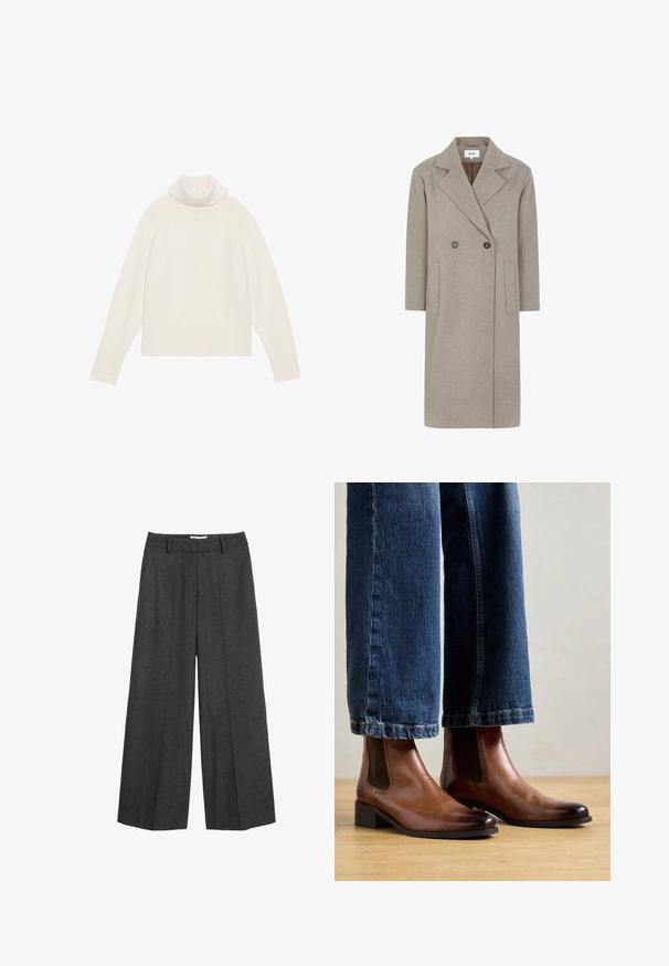 Beige uldblandingsfrakke med dobbeltradet design, klapkrave og klaffelommer. Har en glat tekstur og mellemlang længde.; Lyscreme turtleneck sweater med ribbet tekstur, raglanærmer og tætsiddende kant. Blødt materiale og afslappet silhuet.; Bredde bukser i mørkegrå stof. Har en skræddersyet talje med bæltesløjfer, glat tekstur og minimale syninger som detaljer.; Brune læder ankelstøvler med elastiske sidepaneler, firkantet tå og lav blokhæl, båret med blå denim jeans. Hårdttrægulv nedenfor.