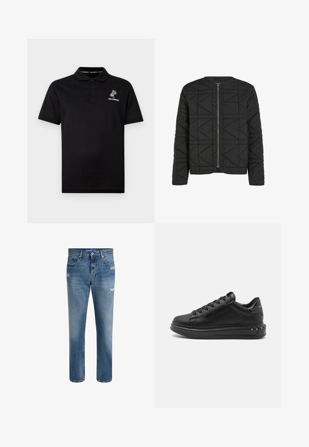 Veste noire matelassée avec des coutures géométriques, fermeture éclair à l'avant et nom de la marque discrètement embossé sur la poitrine gauche.; Polo noir à manches courtes avec trois boutons, logo palmier blanc et texte "KARL LAGERFELD" sur le côté gauche de la poitrine.; Jean en denim bleu clair avec une coupe droite, présentant des décolorations subtiles et des accents usés. Comprend une fermeture à bouton et cinq poches.; Baskets noires avec une tige en cuir lisse, bout rond, design à lacets et une épaisse semelle en caoutchouc ornée de clous métalliques.