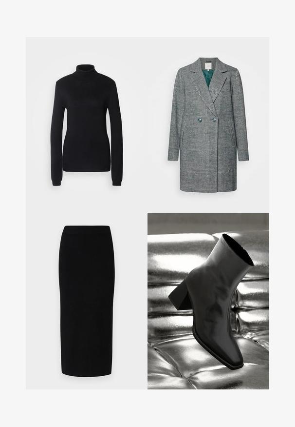 Manteau à double boutonnage à carreaux gris avec un col cranté et une doublure intérieure turquoise. Il possède deux boutons et des poches latérales.; Pull en col roulé noir fabriqué dans un tissu en maille douce, présentant des manches longues et une silhouette ajustée avec un col et un ourlet côtelés.; Jupe midi en tricot noir avec une silhouette ajustée, dotée d'une large taille élastique et d'une texture lisse, sans motifs ou accents discernables.; Botte noire à la cheville en matériau brillant avec un bout carré et un talon effilé, sur un fond argenté brillant et capitonné.