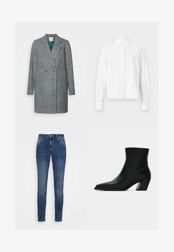 Grau karierter, doppelt knöpfbarer Mantel mit Reverskragen und türkisfarbener Innenauskleidung. Verfügt über zwei Knöpfe und seitliche Taschen.; Weißes Hemd mit Knopfleiste aus leichtem Stoff. Mit langen Ärmeln, klassischem Kragen und dezenten vertikalen Streifen. Kurz geschnittenes Design.; Dunkelblaue Denim-Jeans mit einer taillierten Passform, fünf Taschen, leichten Verwaschungen an der Vorderseite und Metallbeschlägen am Bund und an den Taschen.; Schwarze Leder-Stiefelette mit spitzem Zeh, schlanker Silhouette und klobigem quadratischem Absatz. Glatte Textur mit minimalen Nähdetails.