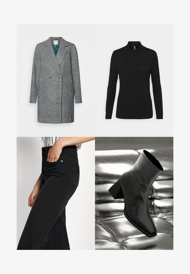 Manteau à double boutonnage à carreaux gris avec un col cranté et une doublure intérieure turquoise. Il possède deux boutons et des poches latérales.; Haut noir à manches longues en turtleneck, fabriqué en tissu doux avec une coupe décontractée et un col drapé, présentant une texture lisse.; Jean large en denim noir avec une taille haute, une poche avant et une poche arrière appliquée. Texture lisse avec des détails de coutures minimales.; Botte noire à la cheville en matériau brillant avec un bout carré et un talon effilé, sur un fond argenté brillant et capitonné.