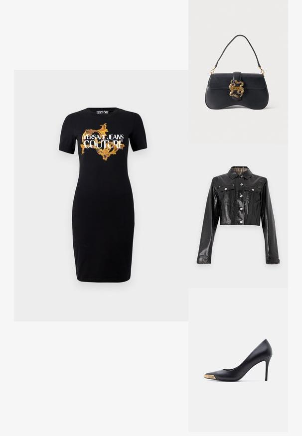 Rabanne Teksajakk - black; Mustmust mustrõiv mustade lühikeste käistega, millel on kuldne ja valge "VERSACE JEANS COUTURE" logo ning keerukad kuldsed mustrid ees.; Mustast nahast kõrgete kontsadega king, terava varbaga, kullast metallist otsaga, millele on graveeritud "Versace Jeans Couture", nähtav küljelt valgel taustal.; Mustast nahast käekott kõvera kujuga, ühe käepideme ja kuldse madu-kujulise kinnitusdetailiga, millel on silt "Just Cavalli" ühevärvilisel taustal.