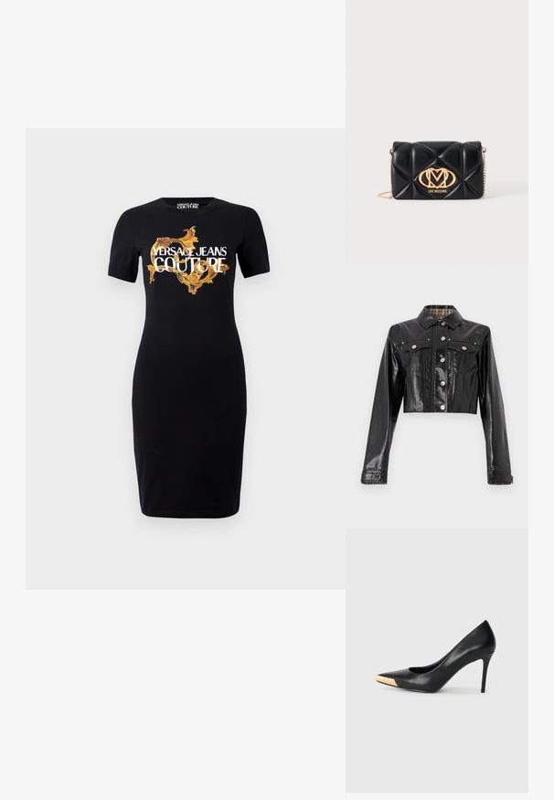 Rabanne Denimová bunda - black; Čierne priliehavé šaty s krátkym rukávom, ktoré sú zdobené zlatým a bielym logom "VERSACE JEANS COUTURE" a zložitými zlatými vzormi na prednej strane.; Čierny kožený lodičkový topánok na vysokom opätku s špicatou špičkou; zdobený kovovým zlatým akcentom na špičke. Hladký povrch s elegantným dizajnom.; Čierna prešívaná kožená kabelka so zlatým retiazkou a veľkým zlatým logom Love Moschino na prednej strane.