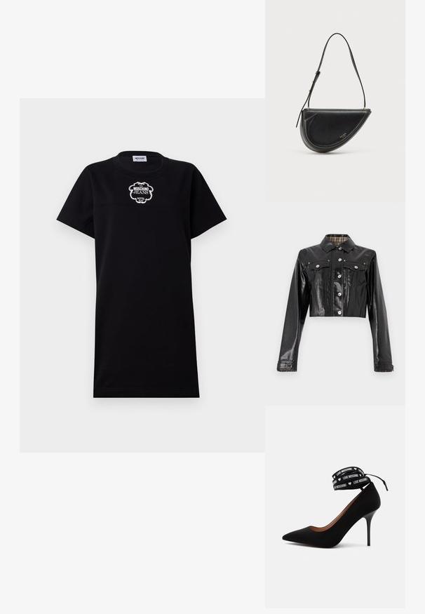 Rabanne Teksajakk - black; Must t-särk-kleit lühikeste varrukatega. Rinnal on valge tikandiga logo "Moschino Jeans Hotel". Lihtne ja sirge lõige.; Must kõrge kontsaga king, mille terava varba ja pahkluu ümber mähitav rihm kannab teksti „LOVE MOSCHINO“ ja väikseid valgeid südame sümboleid.; Must nahast käekott poolkuukujulise disainiga, sileda pinnaga, eemaldatava rihma ja peene kullakarva brändilogoga ees.