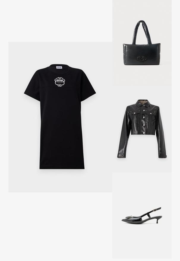 Rabanne Spijkerjas - black; Zwart katoenen t-shirtjurk met korte mouwen. Voorzien van een witte geborduurde logo "Moschino Jeans Hotel" op de borst. Eenvoudig en recht gesneden ontwerp.; Zwarte lakleren slingback-schoen met kittenheel, puntige neus, uitgesneden zijkanten, gespbandje en een cirkelvormige metalen detail op de neus.; Zwarte rechthoekige gewatteerde handtas met twee gewatteerde handvatten en een centraal reliëflogo op het voorpaneel.