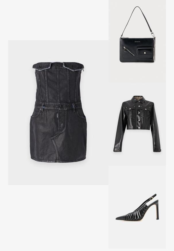 Rabanne Spijkerjas - black; Zwarte denim jurk met een aansluitende top, off-the-shoulder ontwerp, vo pockets en contrasterende stiksels. Glad textuur met een lichte glans.; Zwarte hoge hak slingback-schoen met puntige neus en uitgesneden leren bandjes, met een gouden gesp op het enkelbandje.; Zwarte leren schoudertas van Michael Kors met een bovenste rits, een diagonale voorzak met rits, een klepzak met drukknop en een zilverkleurig kettinkdetail.
