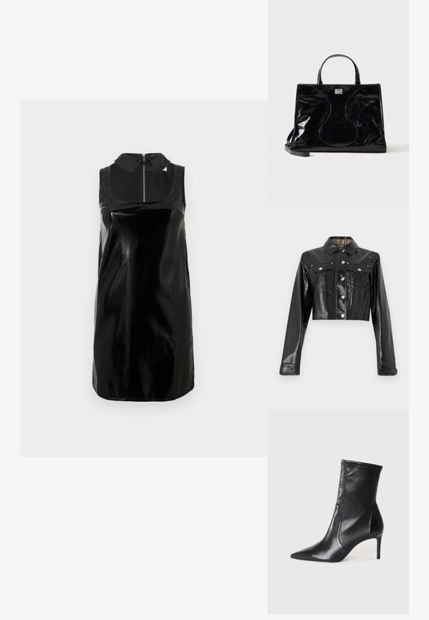 Rabanne Jeansjacke - black; Ärmelloses schwarzes Lacklederkleid mit hohem Kragen und durchgehendem Reißverschluss, mit glänzender Textur und schmalem, geraden Schnitt.; Schwarze Stiefeletten aus glattem Leder, mit einer spitzen Zehe, schmalem Schaft und schlanker, hoher Ferse. Minimalistisches Design ohne sichtbare Beschläge.; Schwarze glänzende Ledertasche mit kurzen Griffen, abnehmbarem Schulterriemen und dezenten, geschwungenen Steppnähten vorne.
