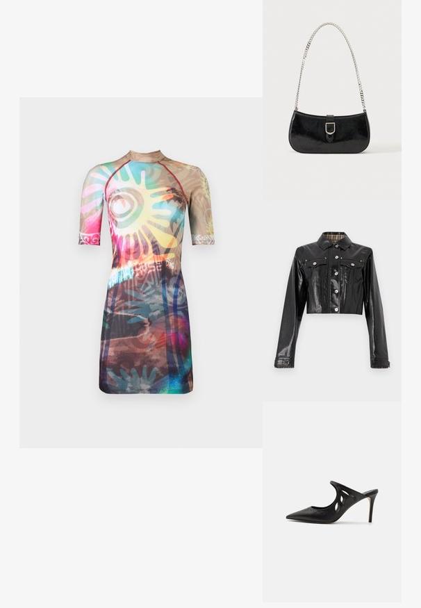 Rabanne Τζιν μπουφάν - black; Paolina Russo MINI DRESS - Φόρεμα από ζέρσεϊ - acid borwn; Μαύρες δερμάτινες μπαλαρίνες με ψηλό τακούνι, με μυτερή μύτη, σχέδιο με κομμένα πλαϊνά και γυαλιστερή υφή. Τακούνι στιλέτο και διακριτική λεπτομέρεια ραψίματος.; Μαύρη τσάντα ώμου από δερμάτινο γυαλιστερό υλικό με ασημένια αγκράφα και ασημένια αλυσίδα, εμφανιζόμενη σε απλό φωτεινό φόντο.