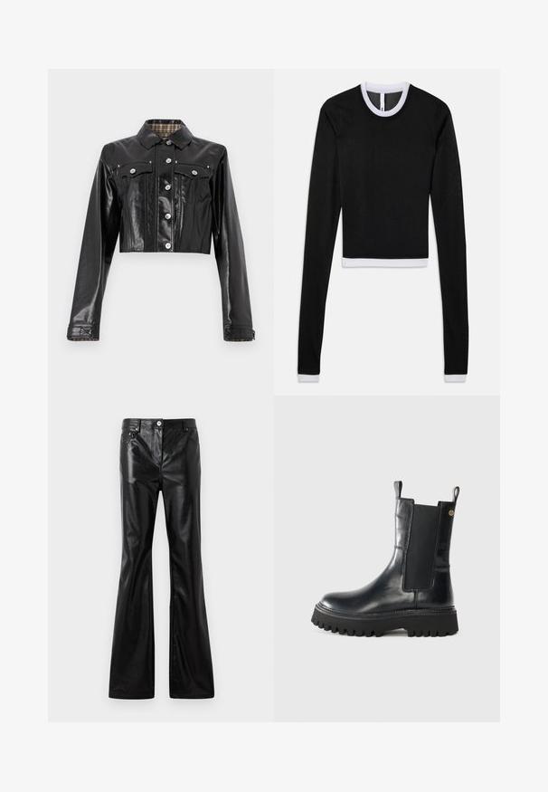 Rabanne Cowboyjakker - black; Sort croppet langærmet top med hvid ribbet krave og manchetter, lavet af et glat stof. Har en rund halsudskæring og tætsiddende pasform.; Rabanne Loose-jeans - black; Sorte læder ankelstøvler med elastiske sidepaneler, trækremme og tyk gummisål med dybe slidbaner for trækkraft.